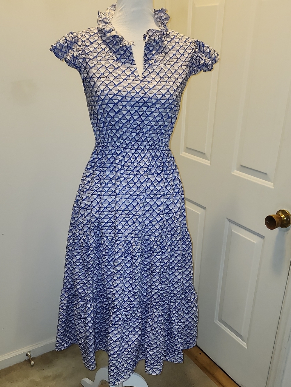 Hampton House Blue Geometric Midi Dress with Ruffled Collar